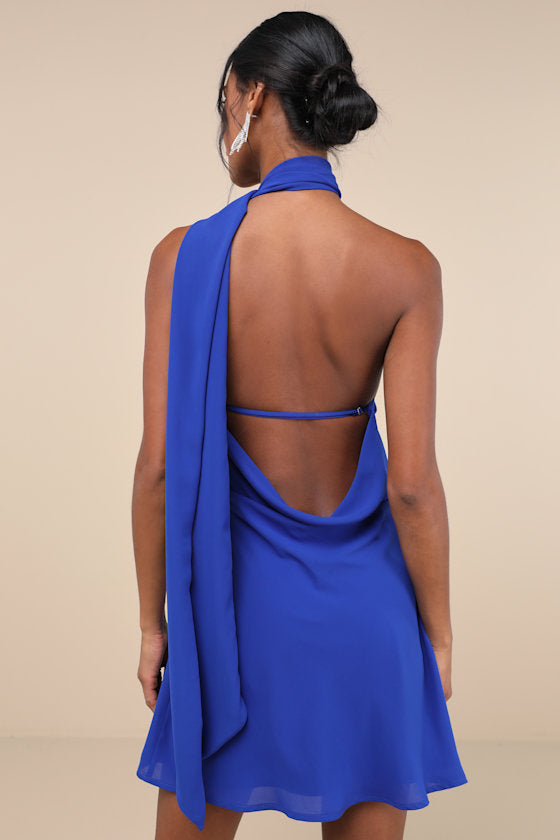 Isloda Blue One-Shoulder Backless Sash Mini Dress