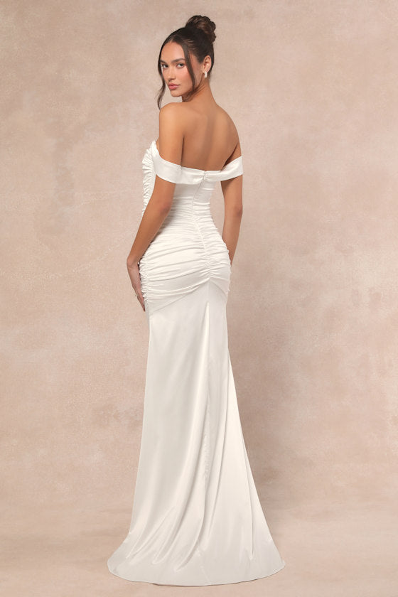 Torri White Satin Off-the-Shoulder Maxi Dress