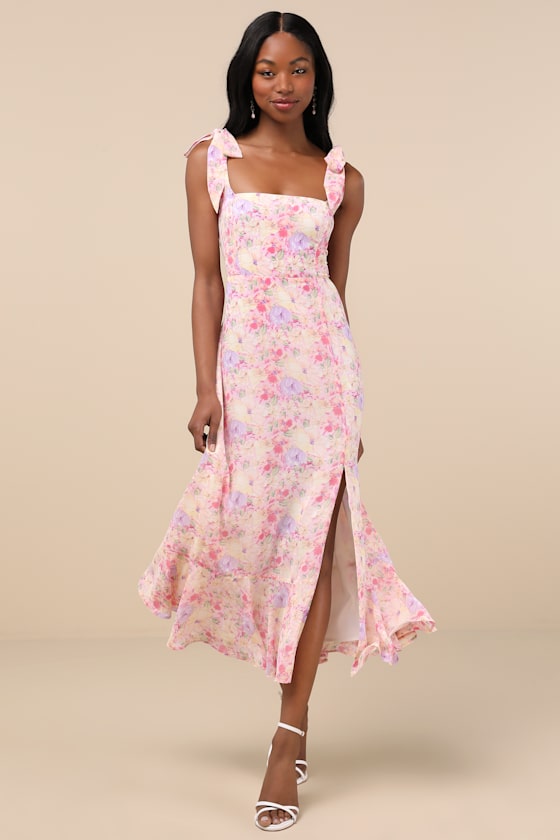 Summer Invite Pink Multi Floral Tie-Strap Tiered Midi Dress