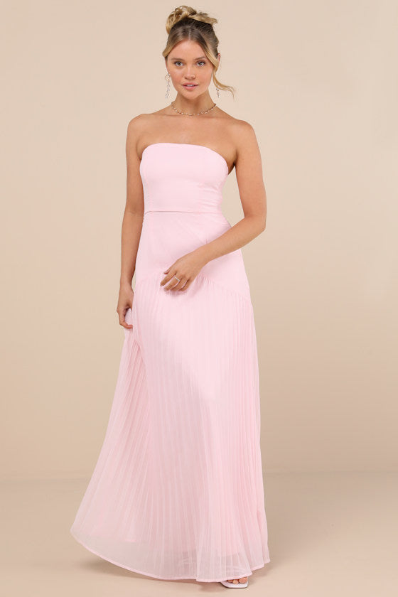 Celebratory Aesthetic Blush Pink Pleated Strapless Maxi Dress