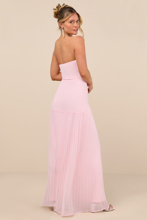 Celebratory Aesthetic Blush Pink Pleated Strapless Maxi Dress