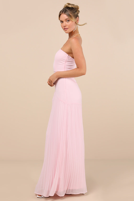 Celebratory Aesthetic Blush Pink Pleated Strapless Maxi Dress