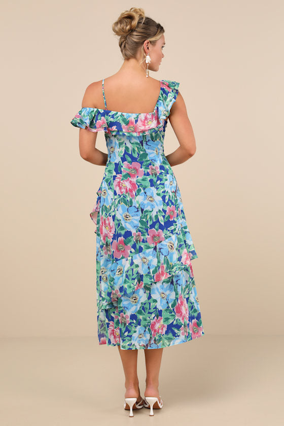 Cosima Blue Floral Asymmetrical Midi Dress