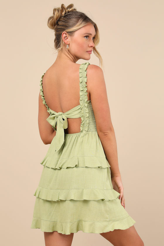 Super Sweet Lime Green Smocked Ruffled Tie-Back Mini Dress