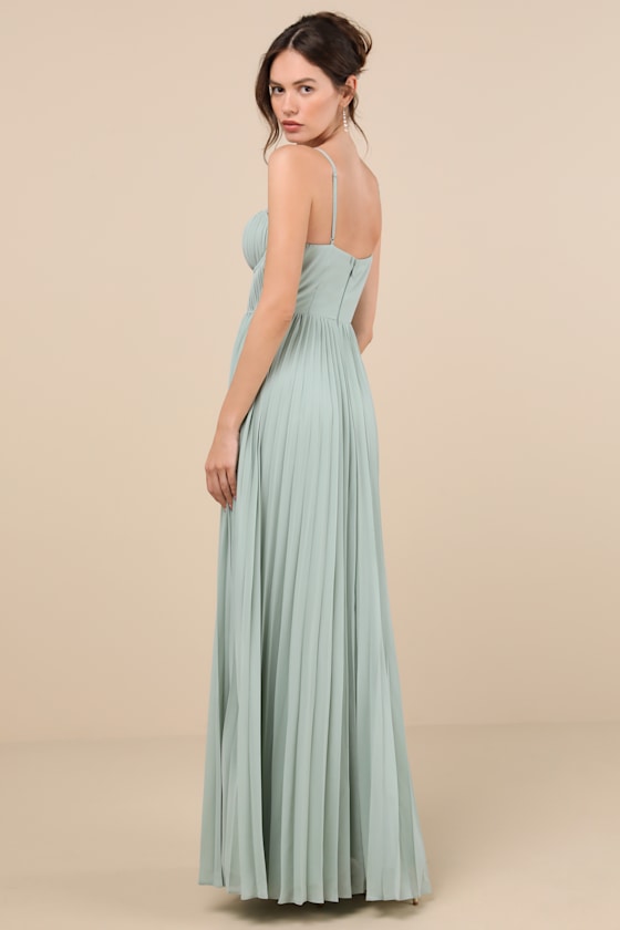 Admirable Elegance Sage Green Pleated Bustier Maxi Dress