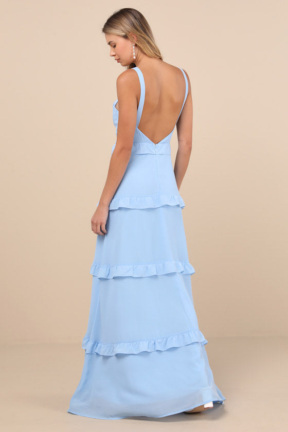 Sincerely Poised Light Blue Backless Bustier Tiered Maxi Dress