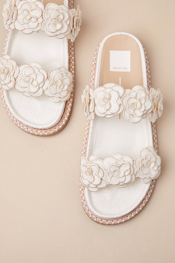 Sherla White Raffia Floral Applique Slide Sandals