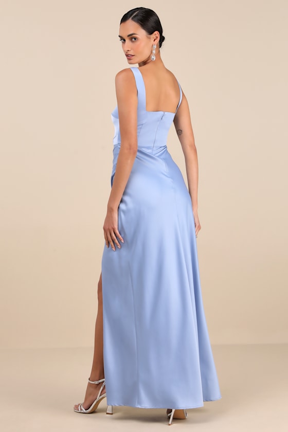 Red Carpet Romance Light Blue Satin Square Neck Maxi Dress