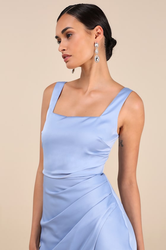 Red Carpet Romance Light Blue Satin Square Neck Maxi Dress