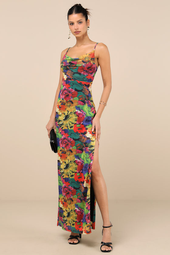 Sunniva Black Multi Print Mesh Cowl Maxi Dress