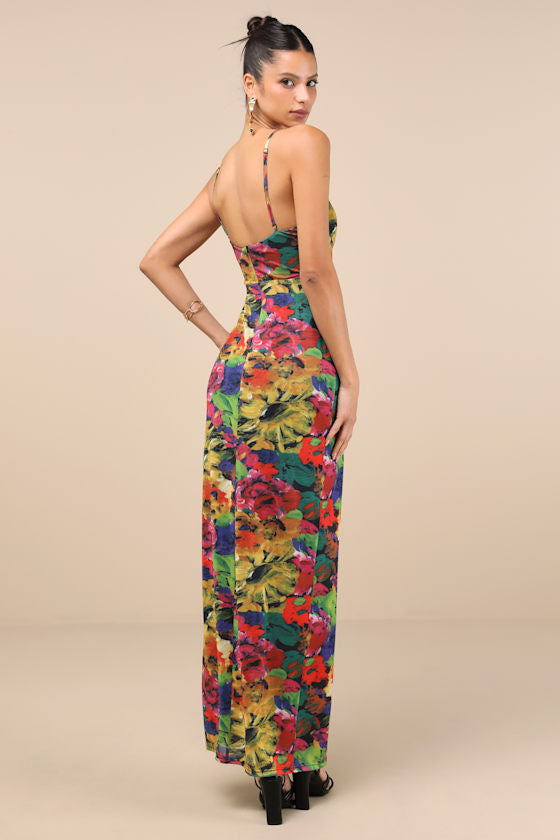 Sunniva Black Multi Print Mesh Cowl Maxi Dress