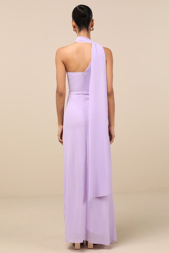 Adeline Lavender One-Shoulder Scarf Maxi Dress