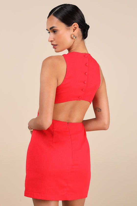 Alouette Red Linen Cutout Mini Dress