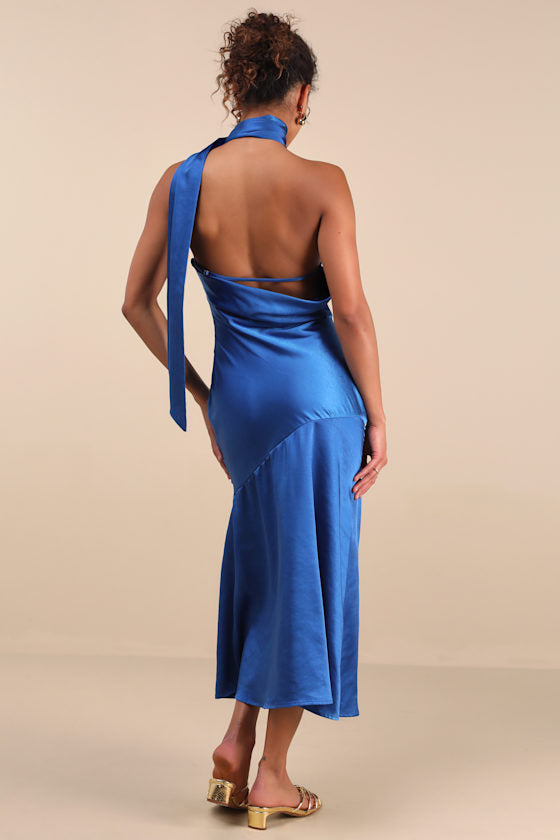 Reglan Blue Satin One-Shoulder Sash Midi Dress