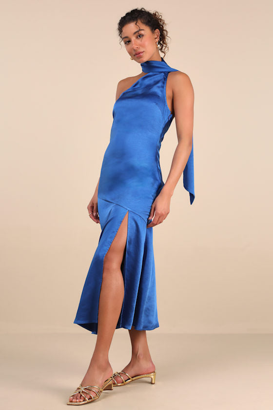 Reglan Blue Satin One-Shoulder Sash Midi Dress