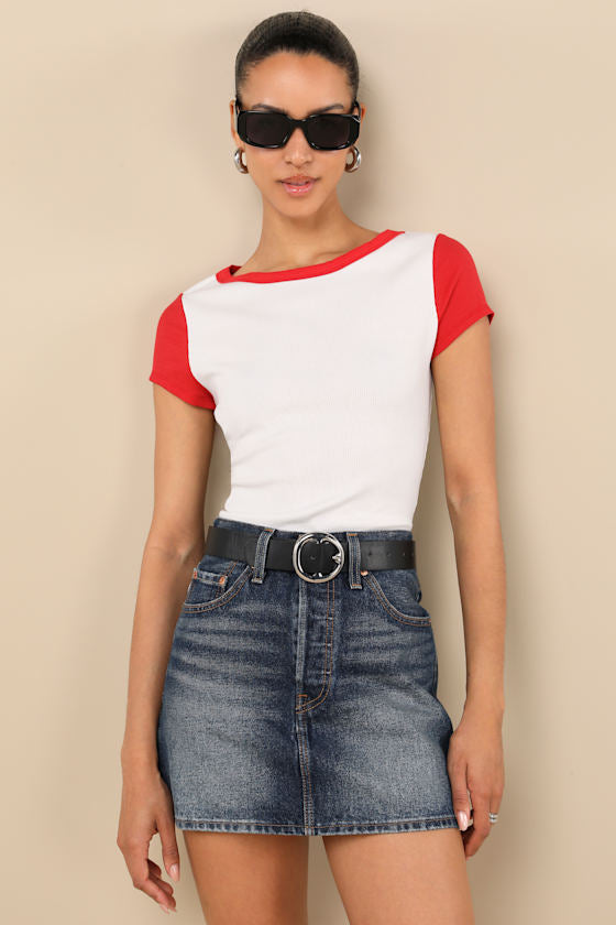 Jessie White and Red Ribbed Knit Crew Neck Baby Tee