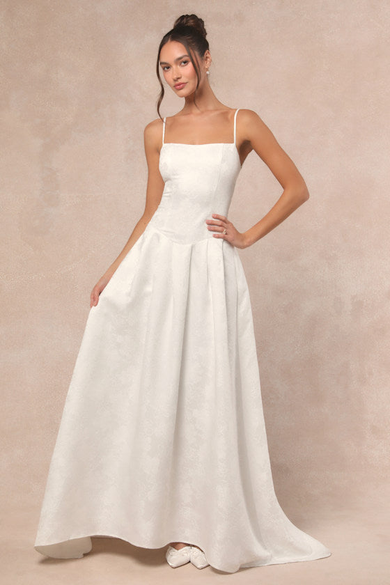 Arabella White Jacquard Basque Waist Maxi Dress