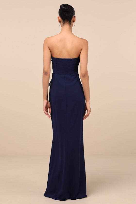 Excellent Sensation Navy Strapless Ruffled Maxi Dress