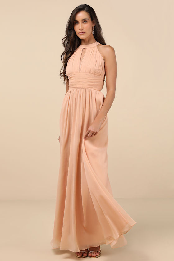 Sintra Peach Pleated Backless Maxi Dress