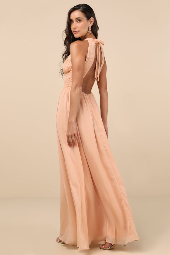 Sintra Peach Pleated Backless Maxi Dress