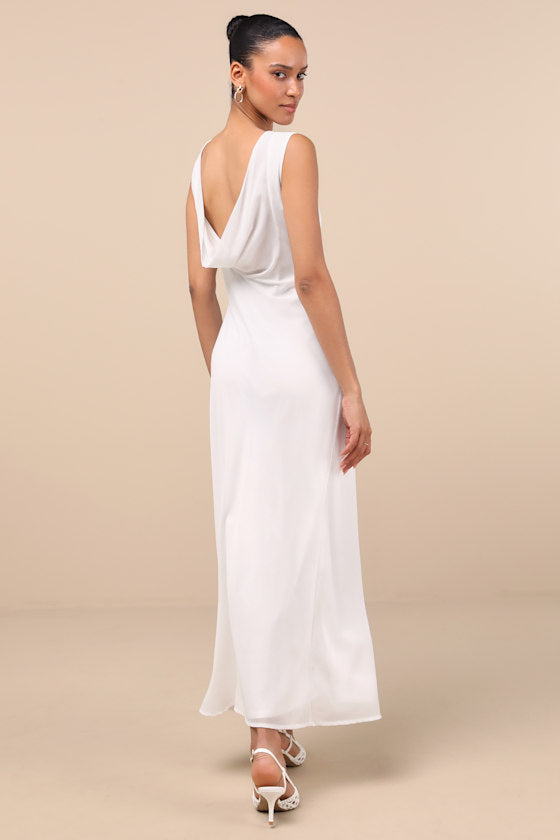 Yaneli White Boat Neck Cowl Back Maxi Dress