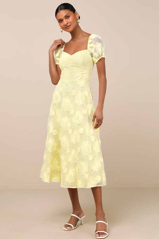 Sweetest Behavior Yellow Embroidered Puff Sleeve Midi Dress