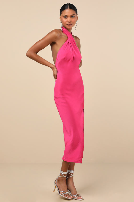 Beyond Classy Hot Pink Satin Halter Midi Dress