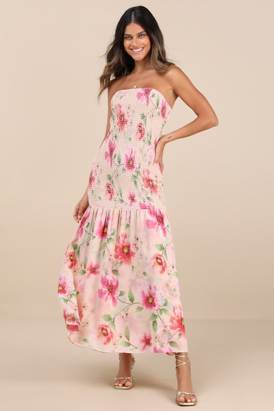 Balbina Beige Floral Smocked Drop Waist Maxi Dress