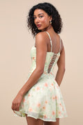 Armelle Light Green Floral Lace-Up Mini Dress