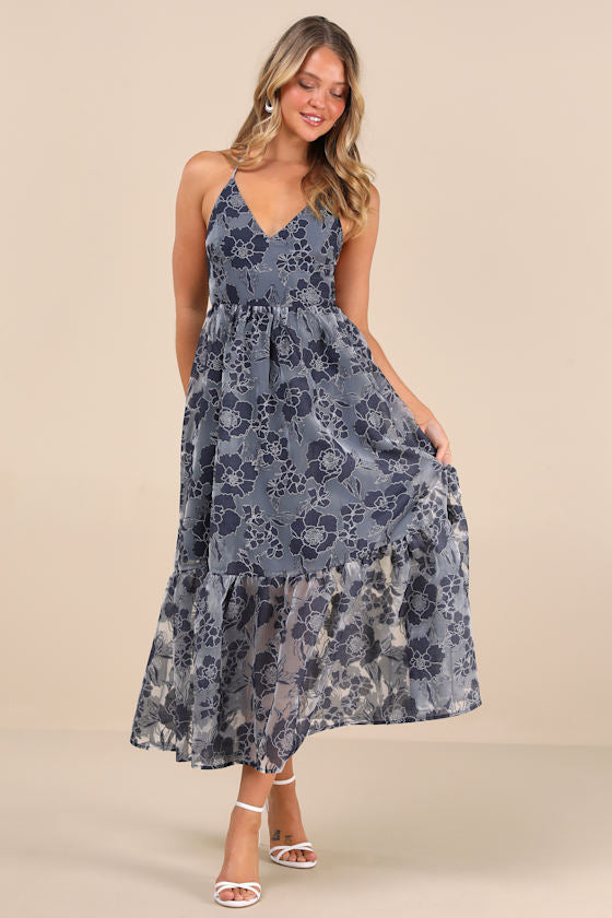 Feeling Like Forever Navy Jacquard Organza Lace-Up Midi Dress