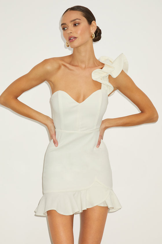 Captivate Me White One-Shoulder Ruffled Trumpet Mini Dress