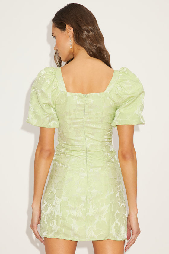 Beyond Amazing Light Green Floral Jacquard Puff Sleeve Dress