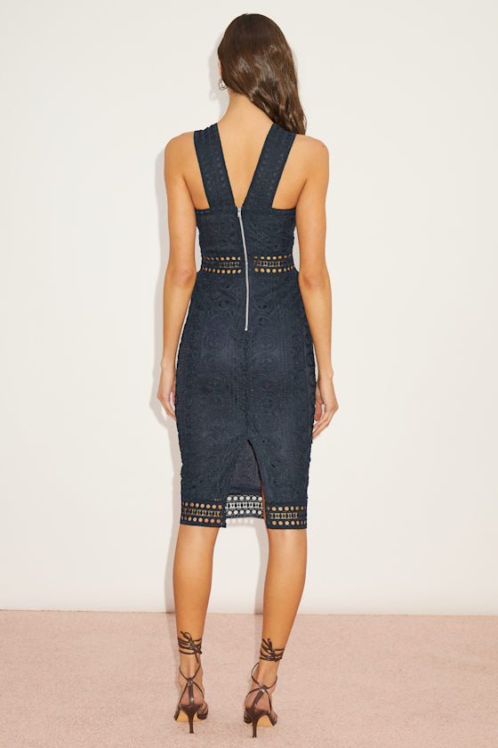Cocktail Ready Navy Blue Crochet Lace Midi Dress