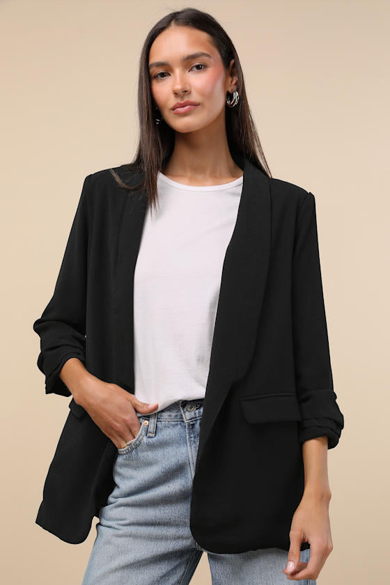 Superior Aesthetic Black Three-Quarter Sleeve Ruched Blazer