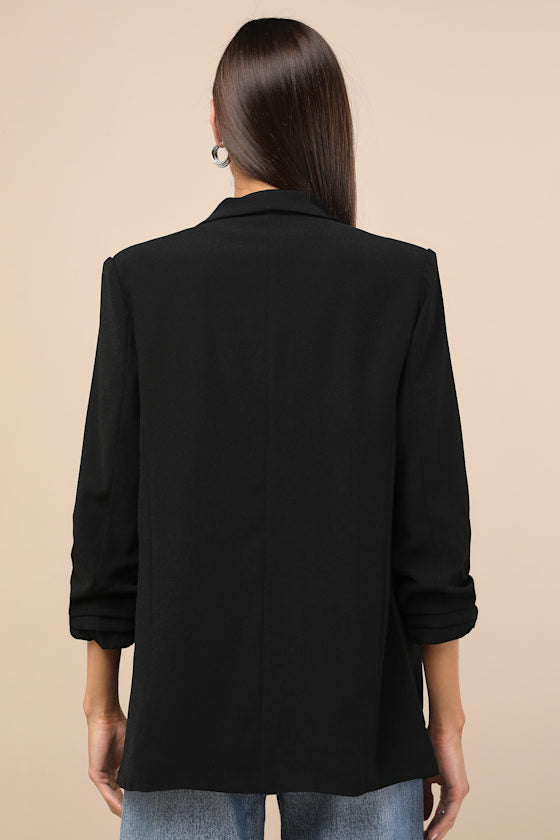 Superior Aesthetic Black Three-Quarter Sleeve Ruched Blazer