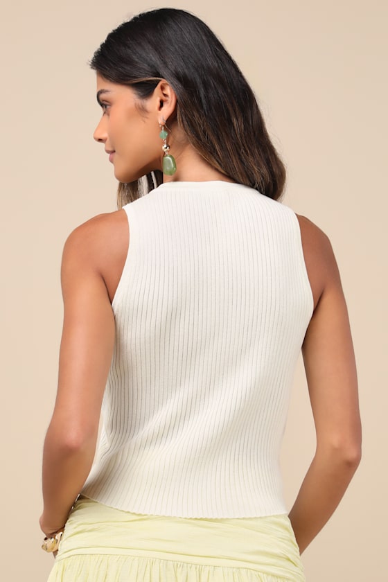 Conceptually Chic Ivory Ribbed Knit Button-Front Tank Top