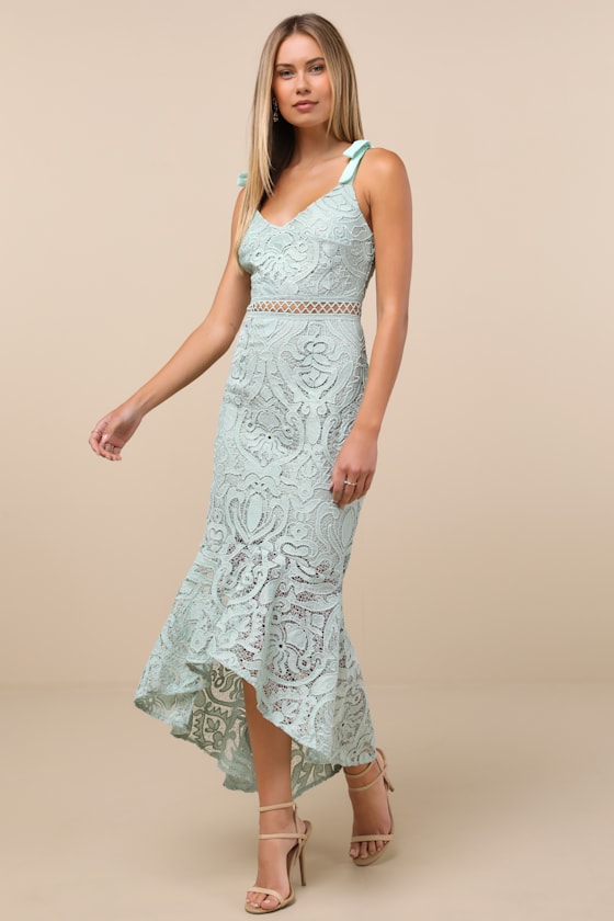 Won Your Heart Sage Green Lace Tie-Strap High-Low Midi Dress