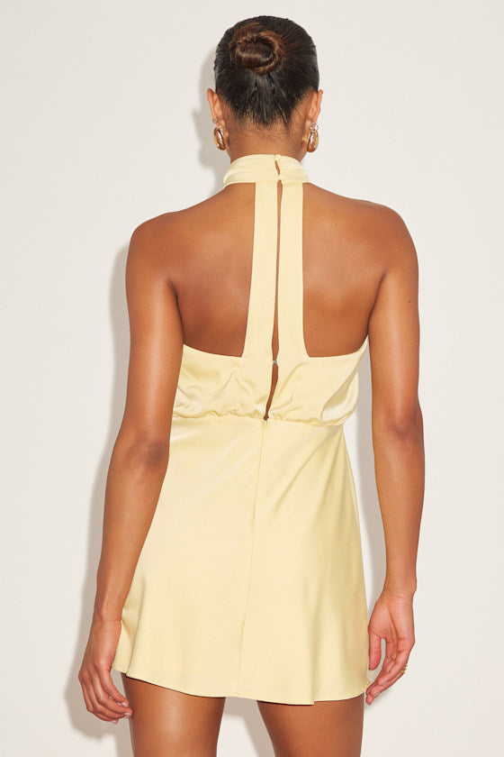 Sleek Essence Light Yellow Satin Halter Sleeveless Mini Dress