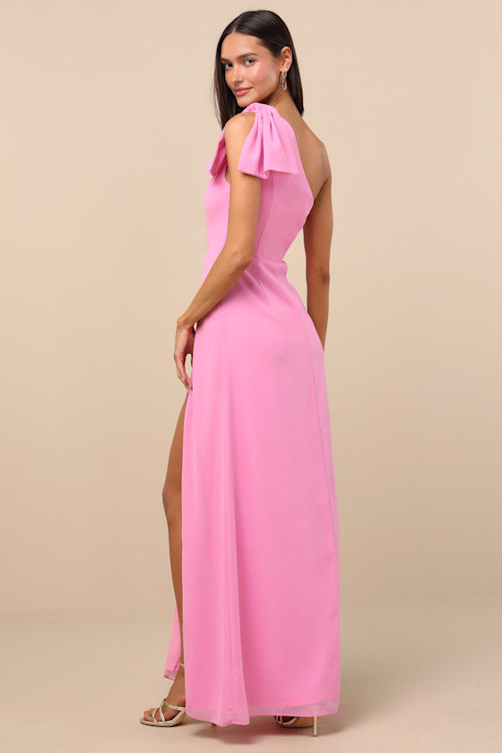 Simply Brilliant Pink One-Shoulder Bow Maxi Dress