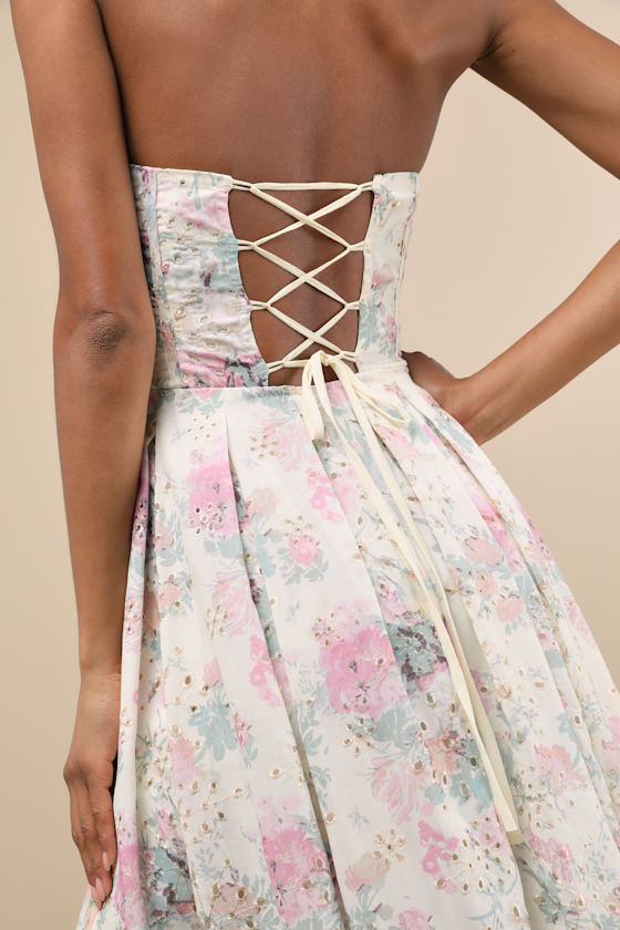 Ebba Ivory Floral Eyelet Embroidered Strapless Midi Dress