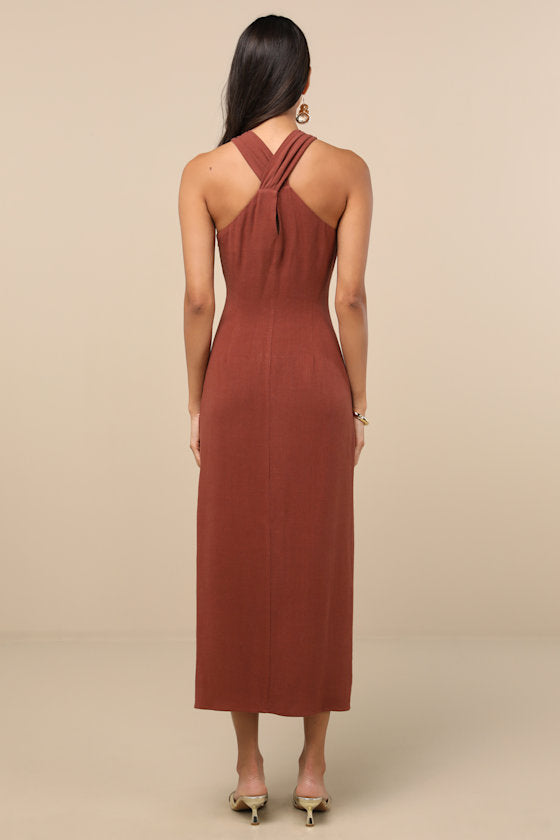 Calessia Rust Brown Linen Halter Neck Midi Dress