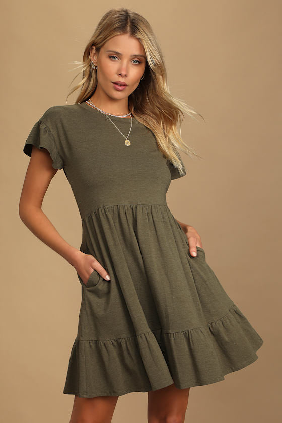 Sweetest Style Olive Green Tiered Babydoll Dress