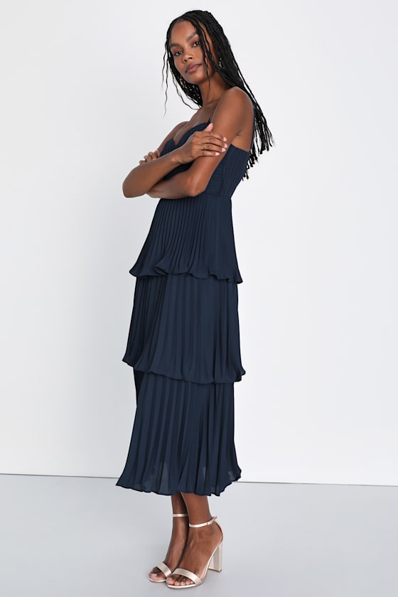 Cascading Crush Navy Blue Tiered Bustier Midi Dress