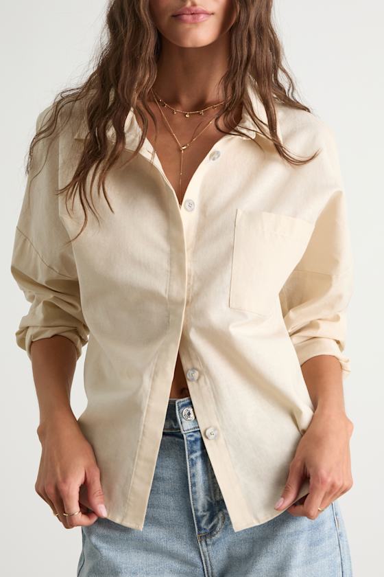 Amelia Dawn Beige Long Sleeve Button-Up Top