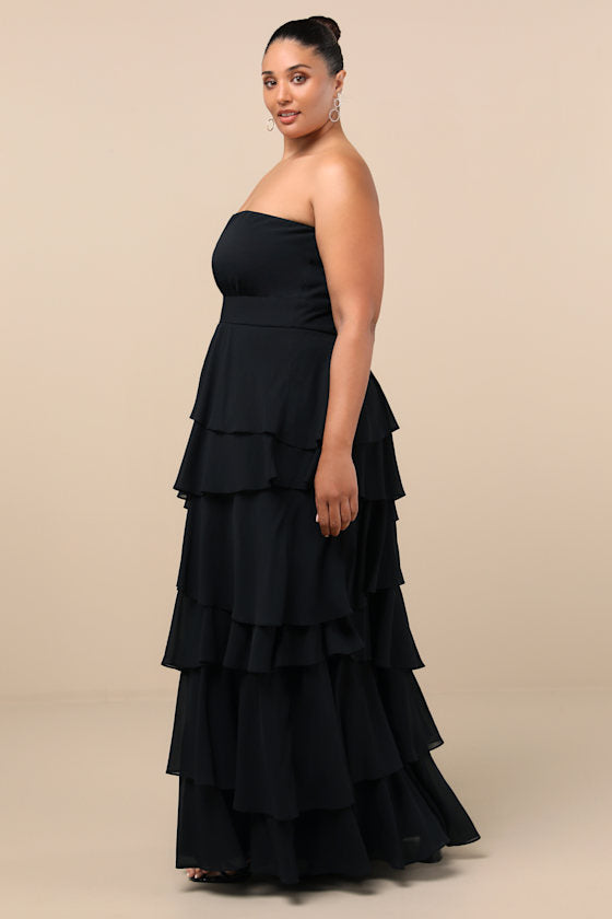 Gorgeous Essence Black Strapless Tiered Maxi Dress