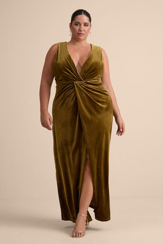 Beautiful Evenings Olive Green Velvet Twist-Front Maxi Dress