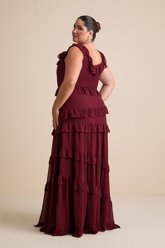 Compelling Romantic Burgundy Ruffled Tiered Maxi Dress