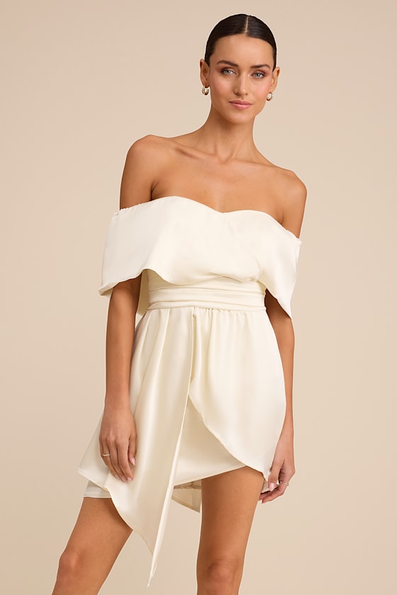 Always Celebrating Ivory Satin Off-the-Shoulder Mini Dress