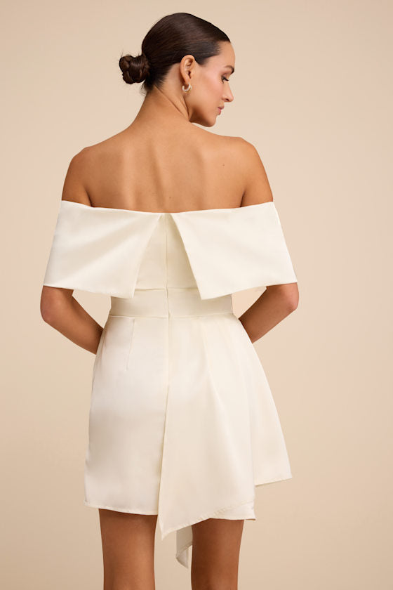 Always Celebrating Ivory Satin Off-the-Shoulder Mini Dress