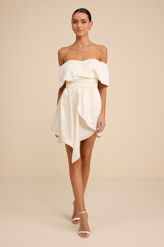 Always Celebrating Ivory Satin Off-the-Shoulder Mini Dress